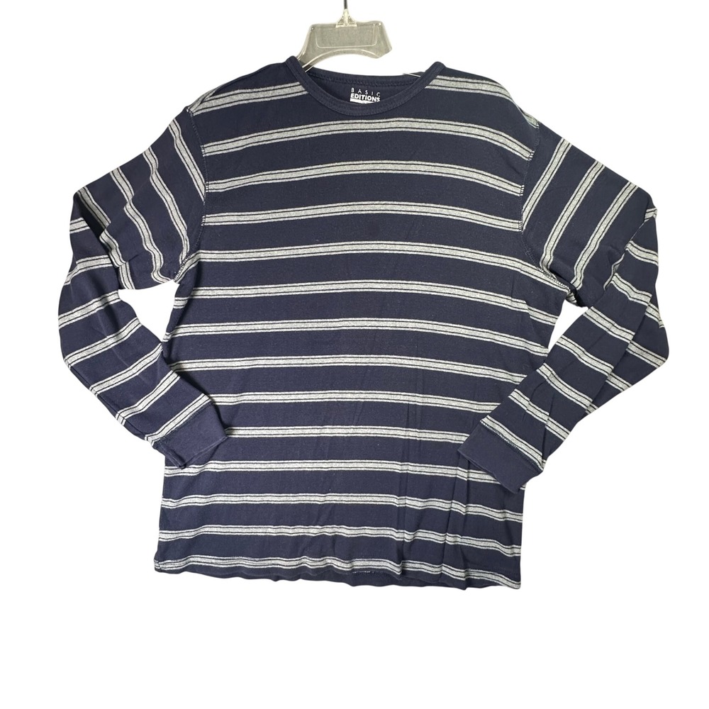 Basic Editions Striped Long Sleeve Tee Navy Gray Casual Preppy Large Layering